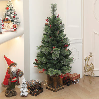 HOMCOM 1.2m/4ft Artificial Christmas Tree with 100 Warm White LED Lights and 8 Modes, Small Xmas Tree with Red Berries, Pine Cones and Retro Base, Green 