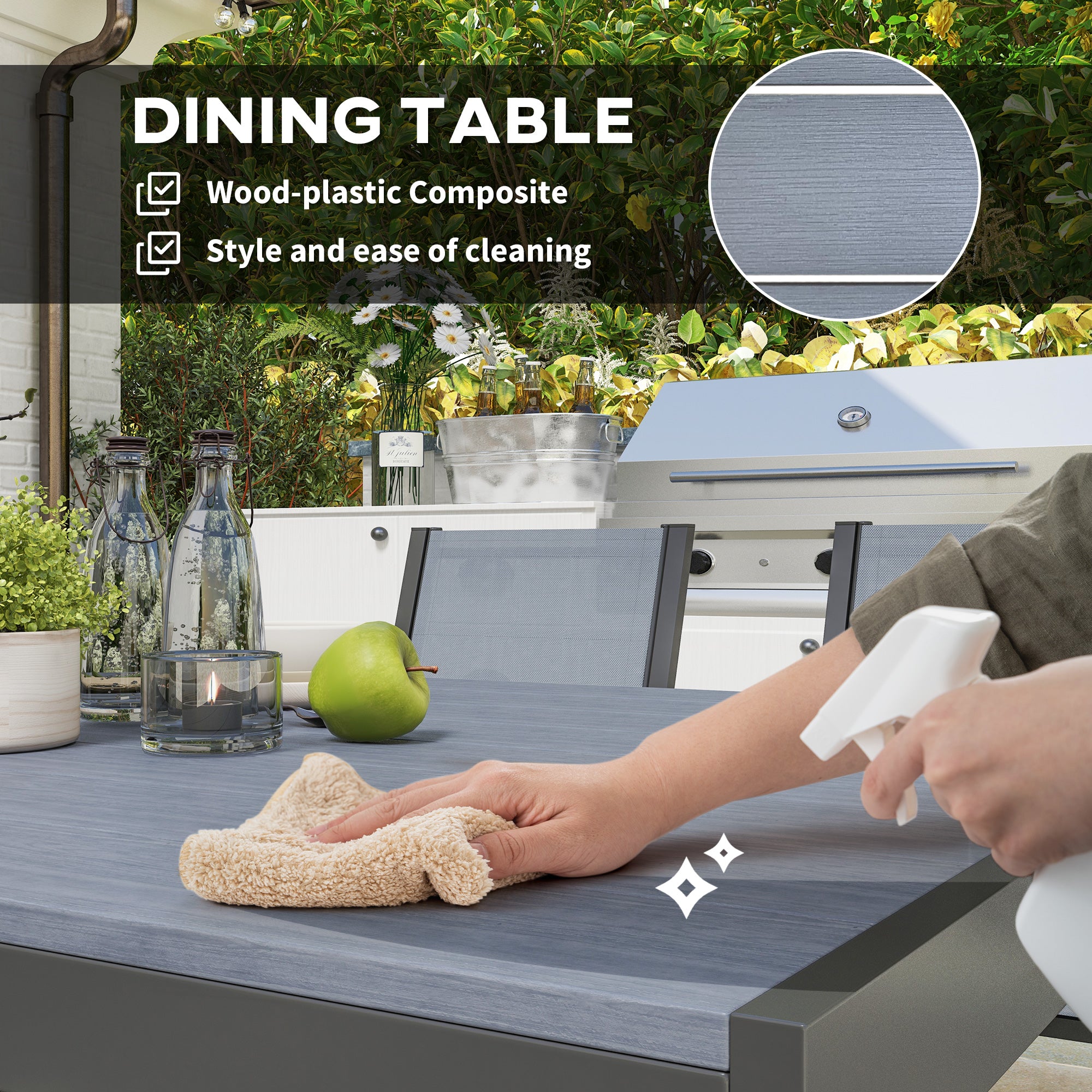 Outsunny Seven-Piece Garden Dining Set, with Plastic Wood-Top Table - Grey 