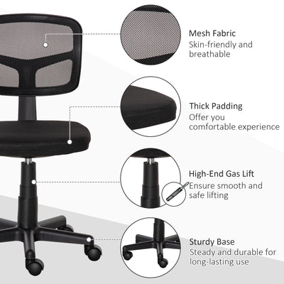 Vinsetto Small Office Chair without Arms, Ergonomic Swivel Mesh Desk Chair with Curved Back and Wheels, Height Adjustable, for Home Vanity Computer Dressing Table Study Bedroom, Holds Up to 120 kg 