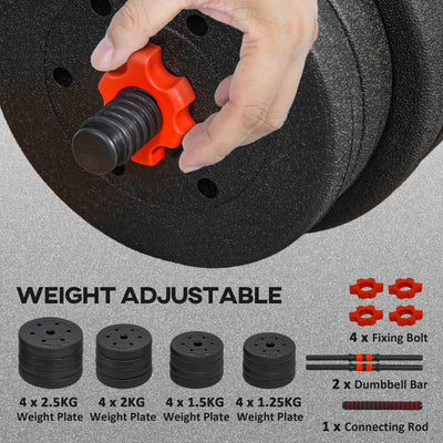HOMCOM 30kg 2 IN 1 Adjustable Dumbbells Weight Set, Dumbbell Hand Weight Barbell for Body Fitness, Lifting Training for Home, Office, Gym, Black 