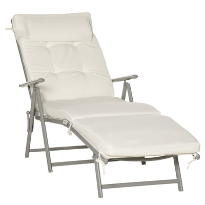 Outsunny Sun Lounger Steel Frame Outdoor Folding Chaise Texteline Lounge Chair Recliner with Headrest & 7 Levels Adjustable Backrest, Cream White 