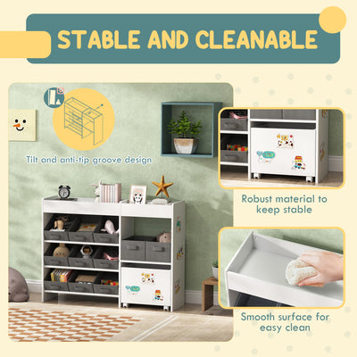 AIYAPLAY Kids Toy Storage Unit with 11 Bins, Cabinet, Top Shelves, 3 Stickers, for Nursery, Playroom, White 