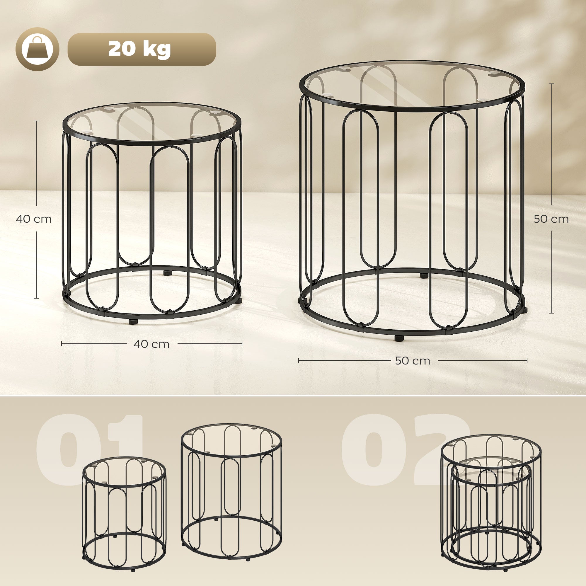 HOMCOM Elliptical Cut-Out Nesting Tables - Black 