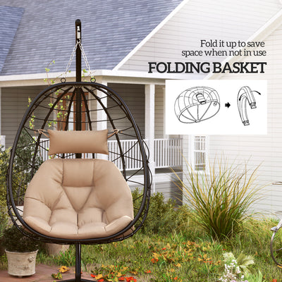 Outsunny Hanging Egg Chair Outdoor Indoor Garden Swing Chair with Folding Basket, Thickened Cushion, Garden Hanging Chair with Stand, Headrest for Patio, Balcony, Khaki 