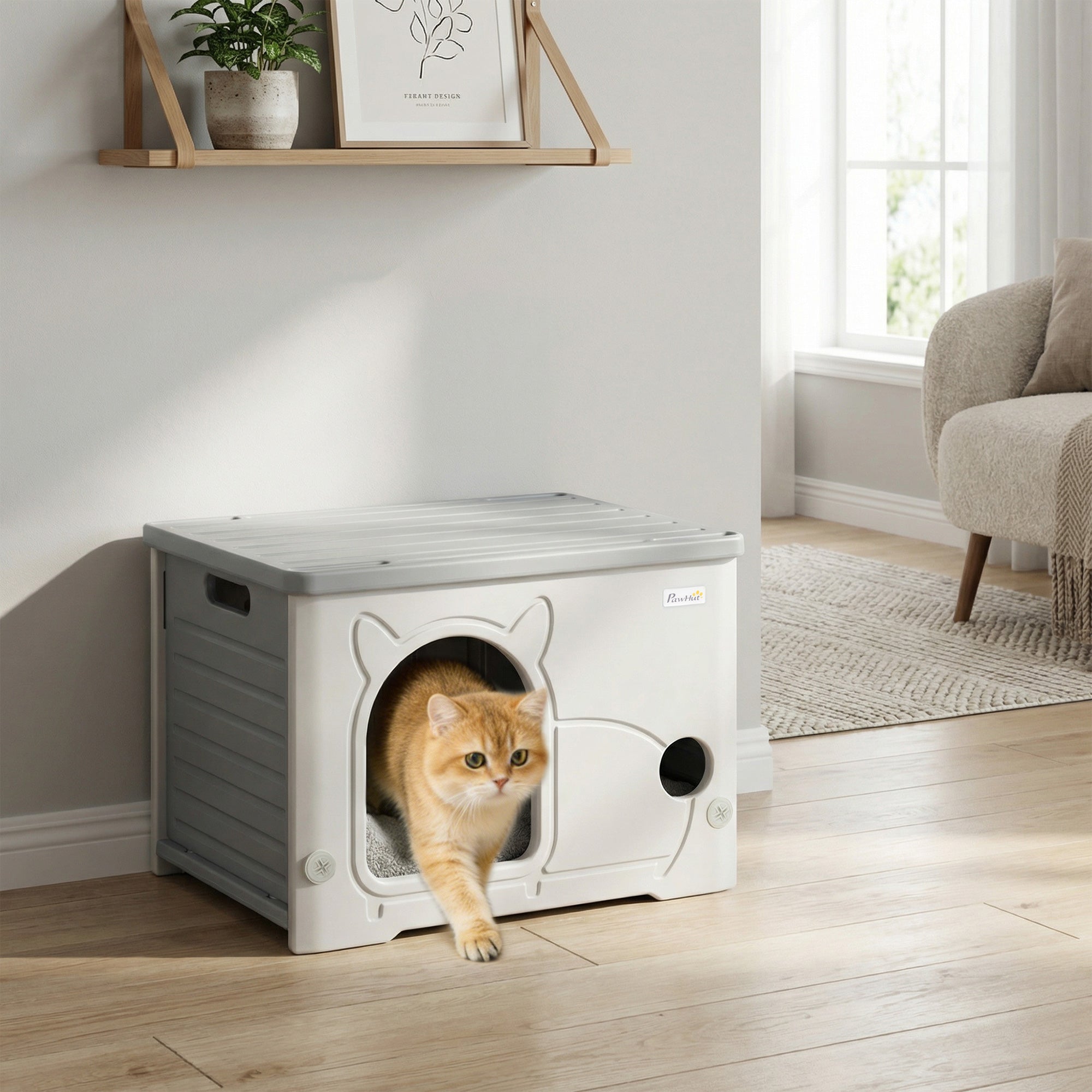 PawHut Cat House Stackable Pet Shelter with Removable Cushion for Indoor Outdoor Use Grey 