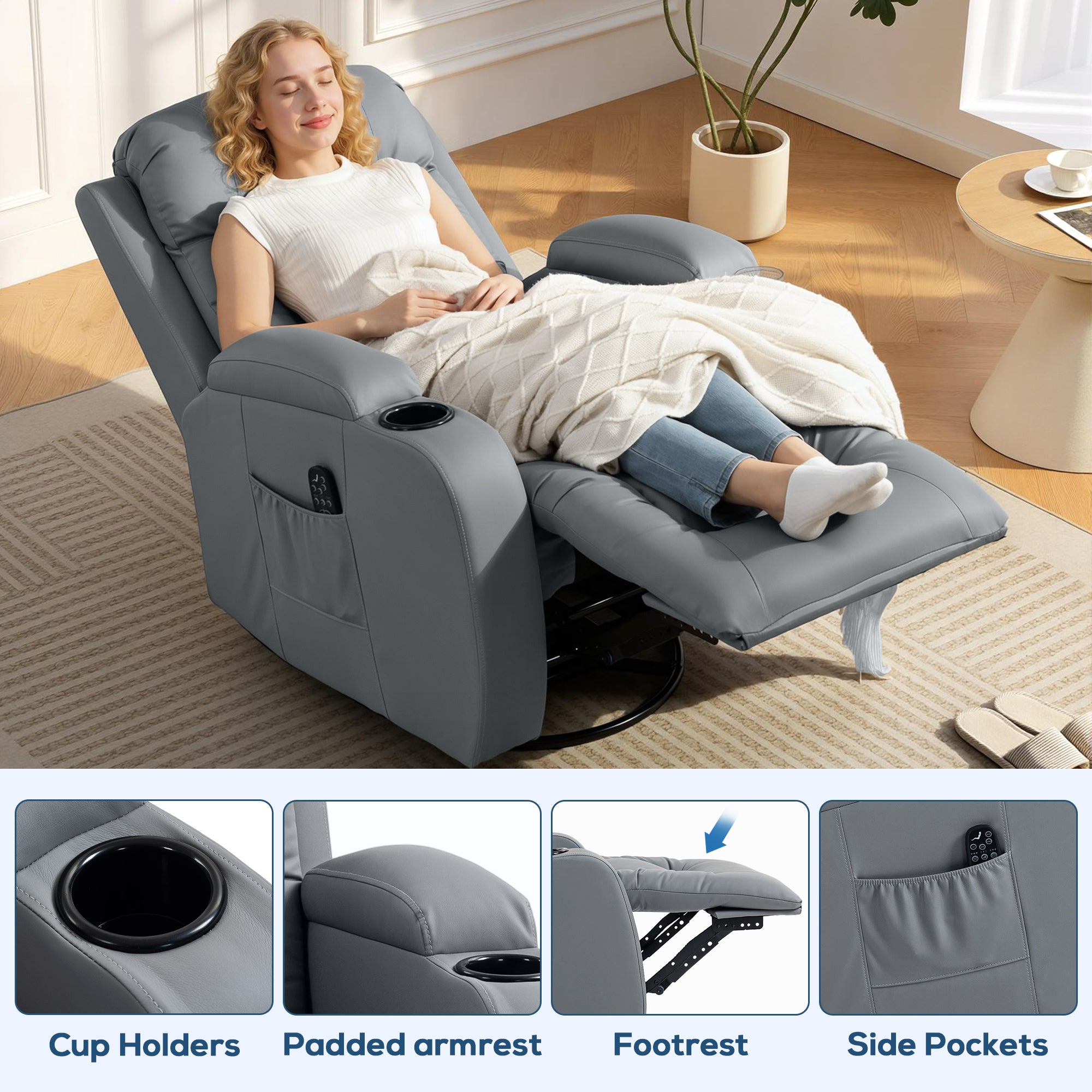 HOMCOM Massage Recliner Armchair, PU Leather Recliner Chair, Grey 