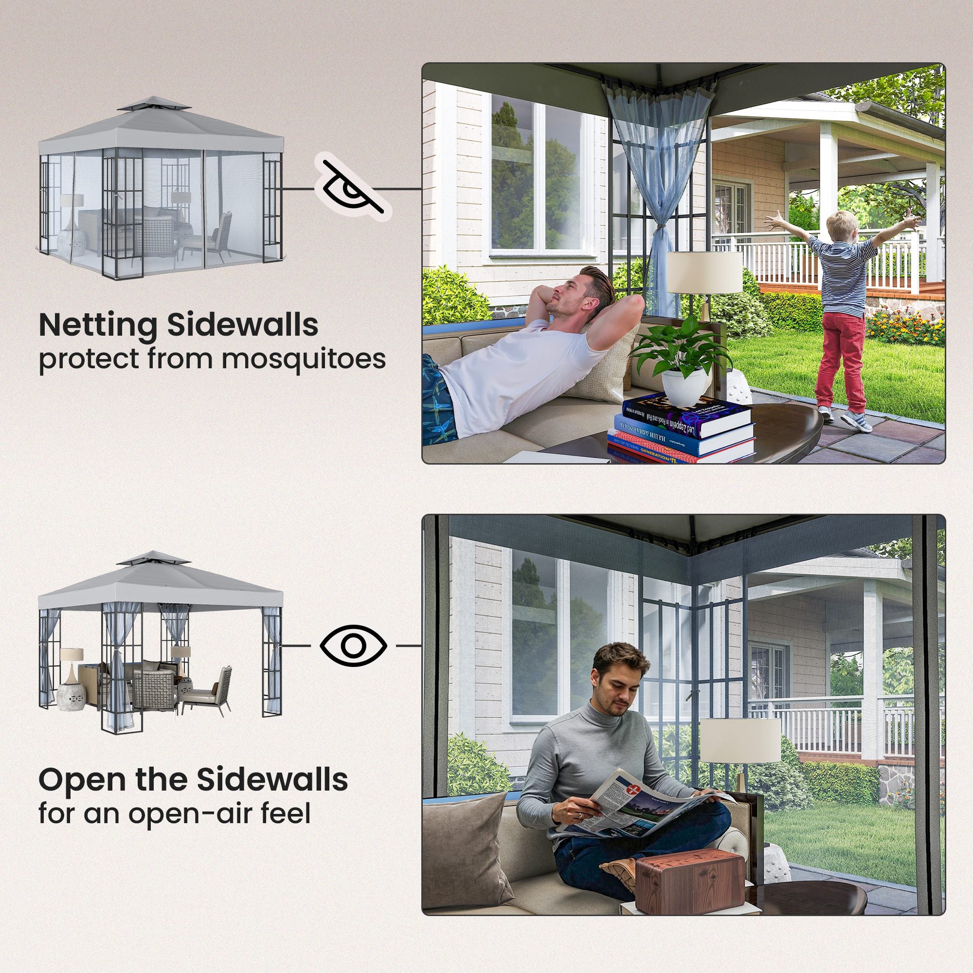 Outsunny 3 x 3(m) Patio Gazebo Canopy Garden Pavilion Tent Shelter with 2 Tier Roof and Mosquito Netting, Light Grey 