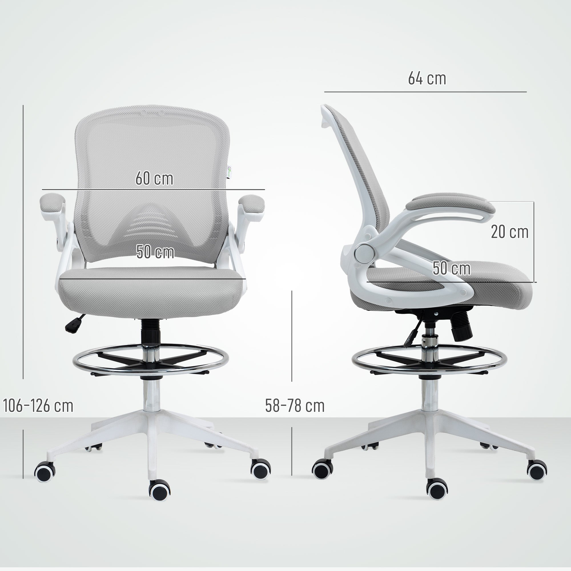 Vinsetto Drafting Chair with Flip-up Armrest, Mesh Office Stool with Foot Ring, 360° Swivel Height Adjustable Chair for Standing Desk, Light Grey 