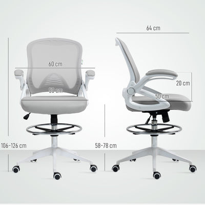 Vinsetto Drafting Chair with Flip-up Armrest, Mesh Office Stool with Foot Ring, 360° Swivel Height Adjustable Chair for Standing Desk, Light Grey 