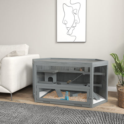 PawHut 3 Tier Wooden Large Hamster Cage with Sliding Tray, Seesaws, Water Bottle, Grey 