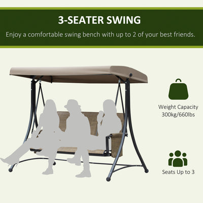 Outsunny 3 Seater Garden Swing Seat Outdoor Swing Chair with High Back Design, Steel Frame, Side Pouches, Adjustable Canopy, Brown 