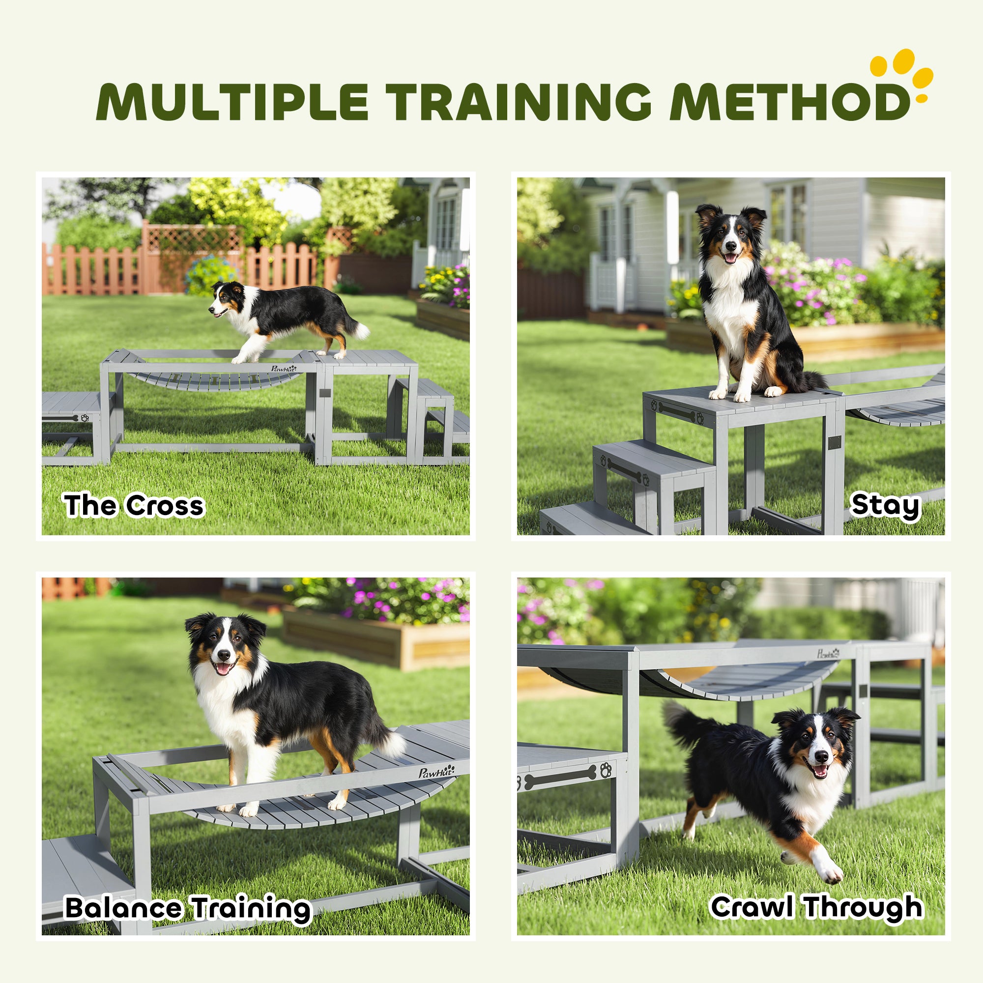 PawHut 3 Pieces Wooden Dog Agility Training Equipment with Soft Bridge, Pause Platform and Pet Stair for Outdoor, Grey 
