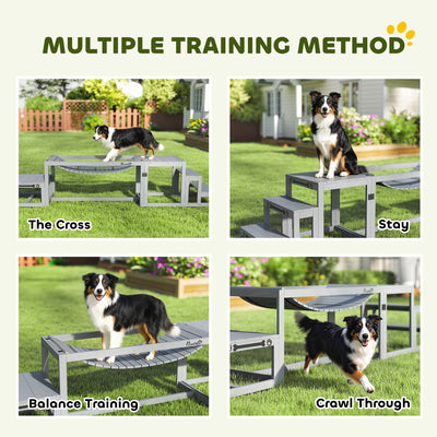 PawHut 3 Pieces Wooden Dog Agility Training Equipment with Soft Bridge, Pause Platform and Pet Stair for Outdoor, Grey 