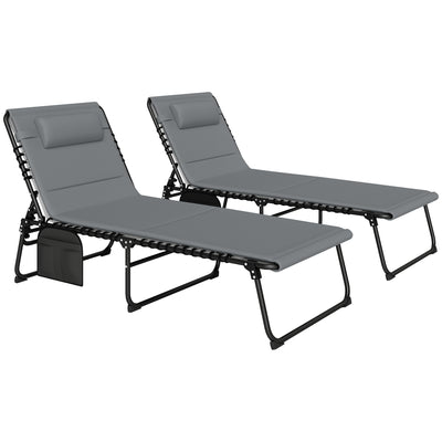 Outsunny Folding Sun Loungers Set of 2, Recliner Garden Chairs with Quick Drying Pad Headrest Side Pocket, Garden Sun Loungers for Beach Pool, Charcoal Grey 