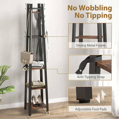 HOMCOM Industrial-Style Four Shelf Coat Stand - Brown/Black 