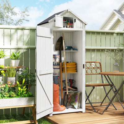 Outsunny Small Shed, Tall Slim Wooden Garden Shed with 3 Removable Shelves and Roof Hatch, Compact Outdoor Tool Storage Cabinet with Asphalt Roof and Door Latch, 77 x 54.2 x 179 cm, Light Grey 