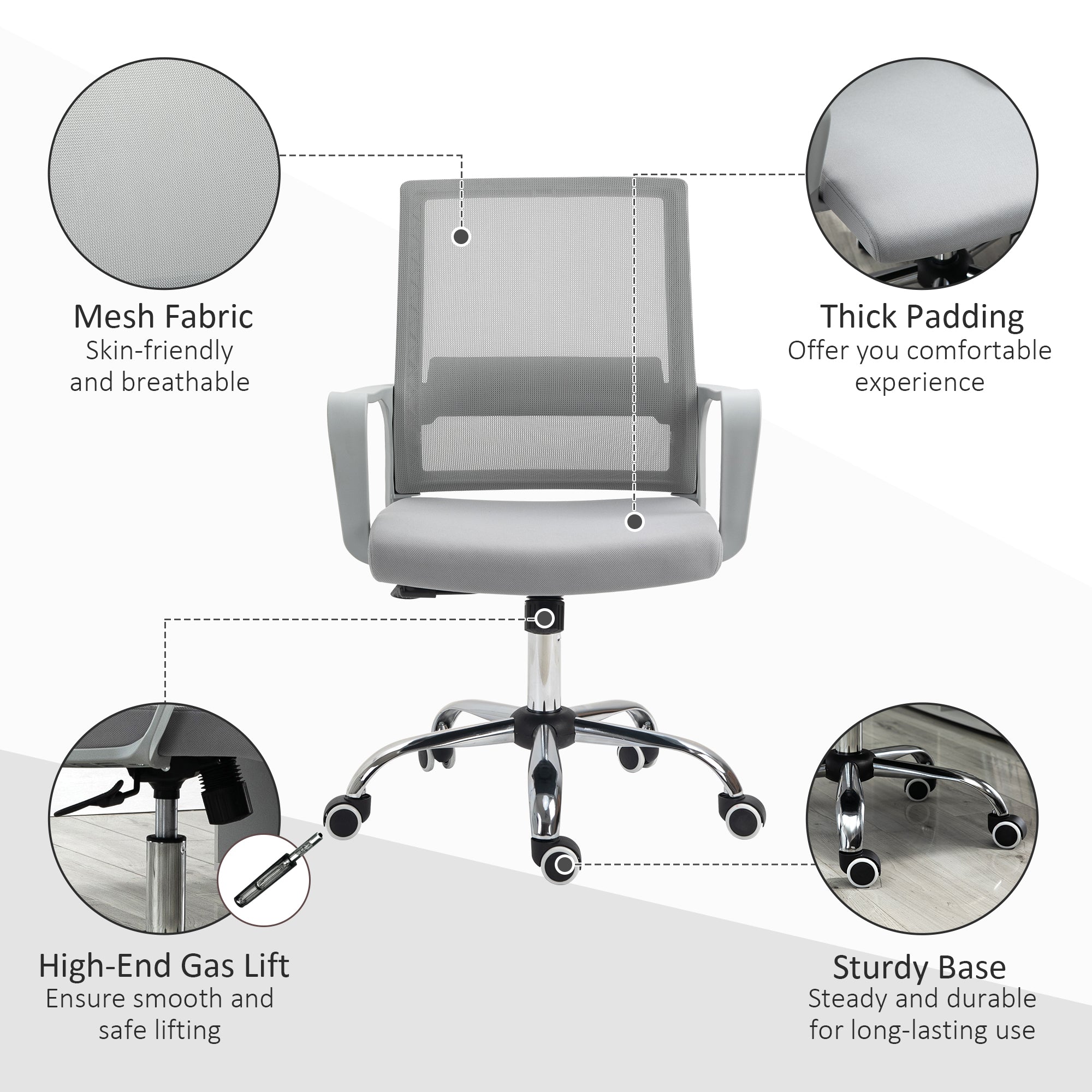 Vinsetto Ergonomic Desk Chair Mesh Office Chair with Adjustable Height Armrest and 360\'c2\'b0 Swivel Castor Wheels Grey