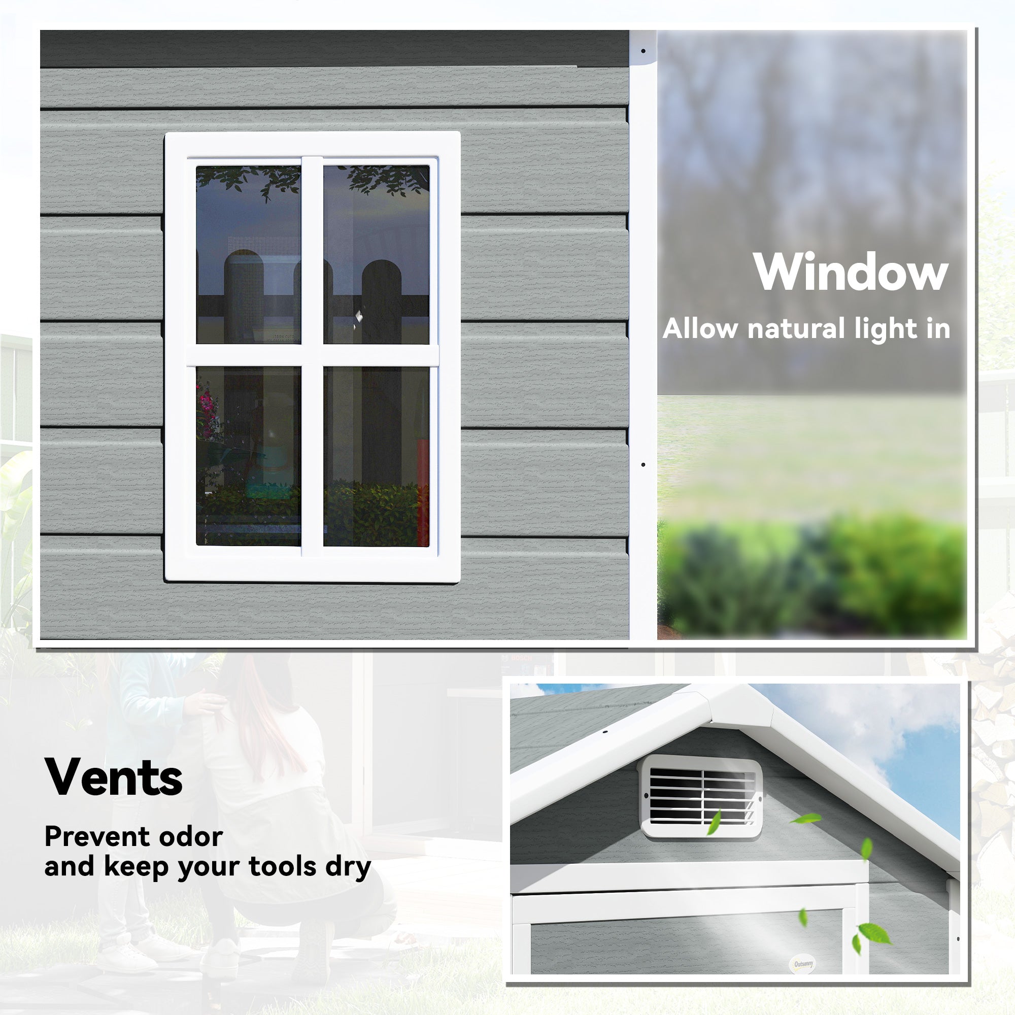 Outsunny 4 x 3 ft Plastic Garden Shed with Floor, Outdoor Storage Shed with Lockable Door, Window and Vent, Light Grey 
