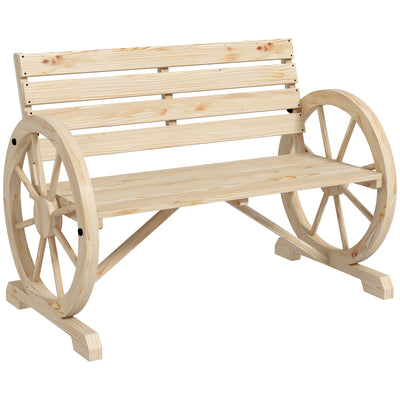 Outsunny Wagon Wheel Chair Bench Armrest Rustic Loveseat Wood Outdoor Garden, Natural 