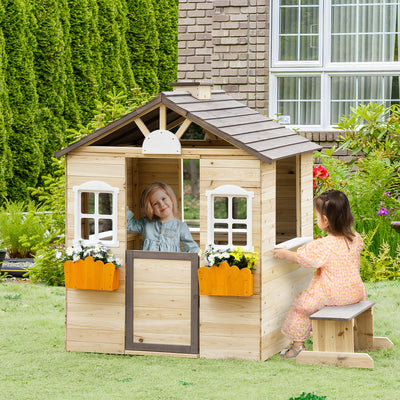 Outsunny Wooden Playhouse for Kids Outdoor Wendy House with Door, windows, Bench, Service Stations, Flowerpot Holder, For Ages 3-7 Years 