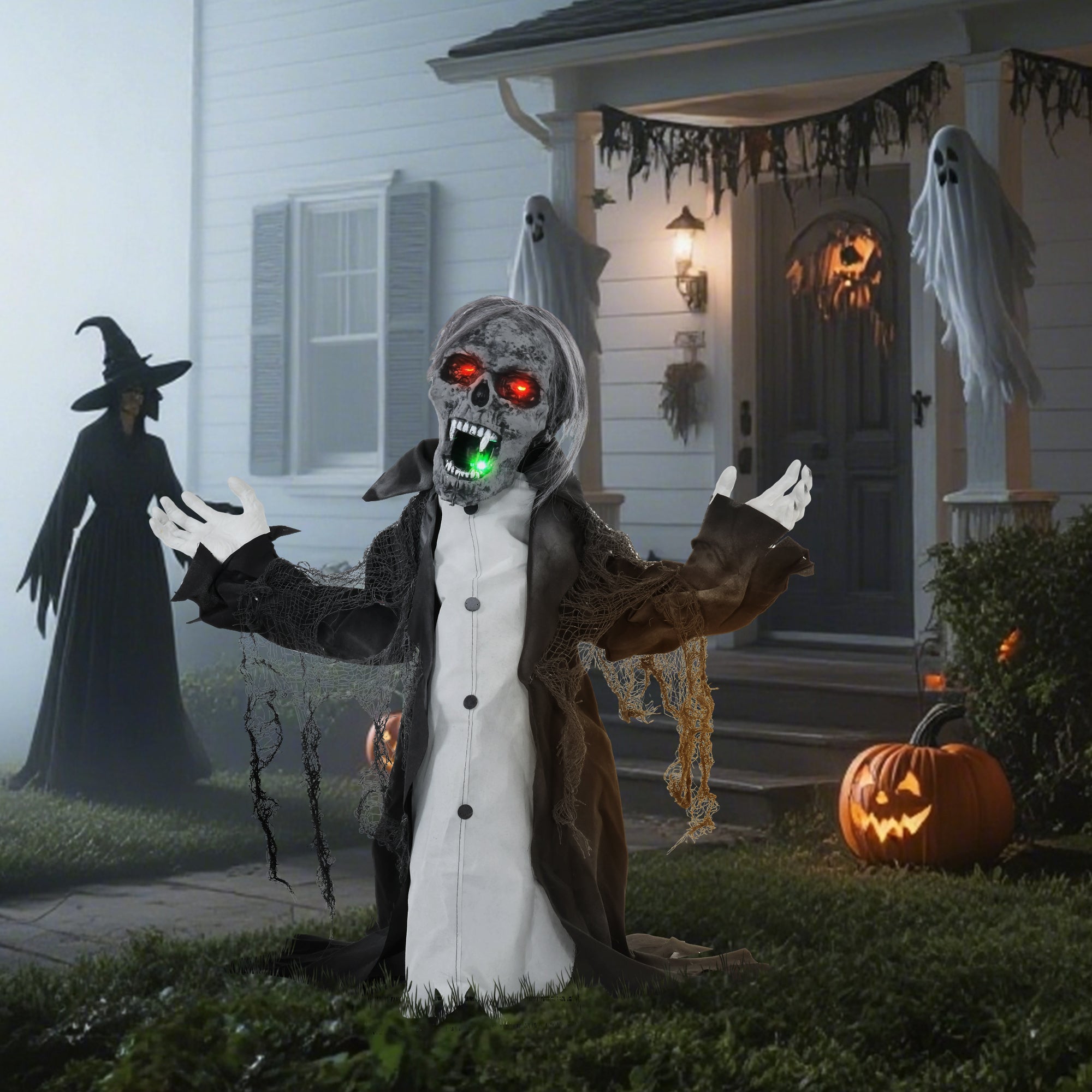 HOMCOM Halloween Animated Skeleton with Glowing LED Eyes and Mouth, Half-Body Halloween Decoration, Battery Operated