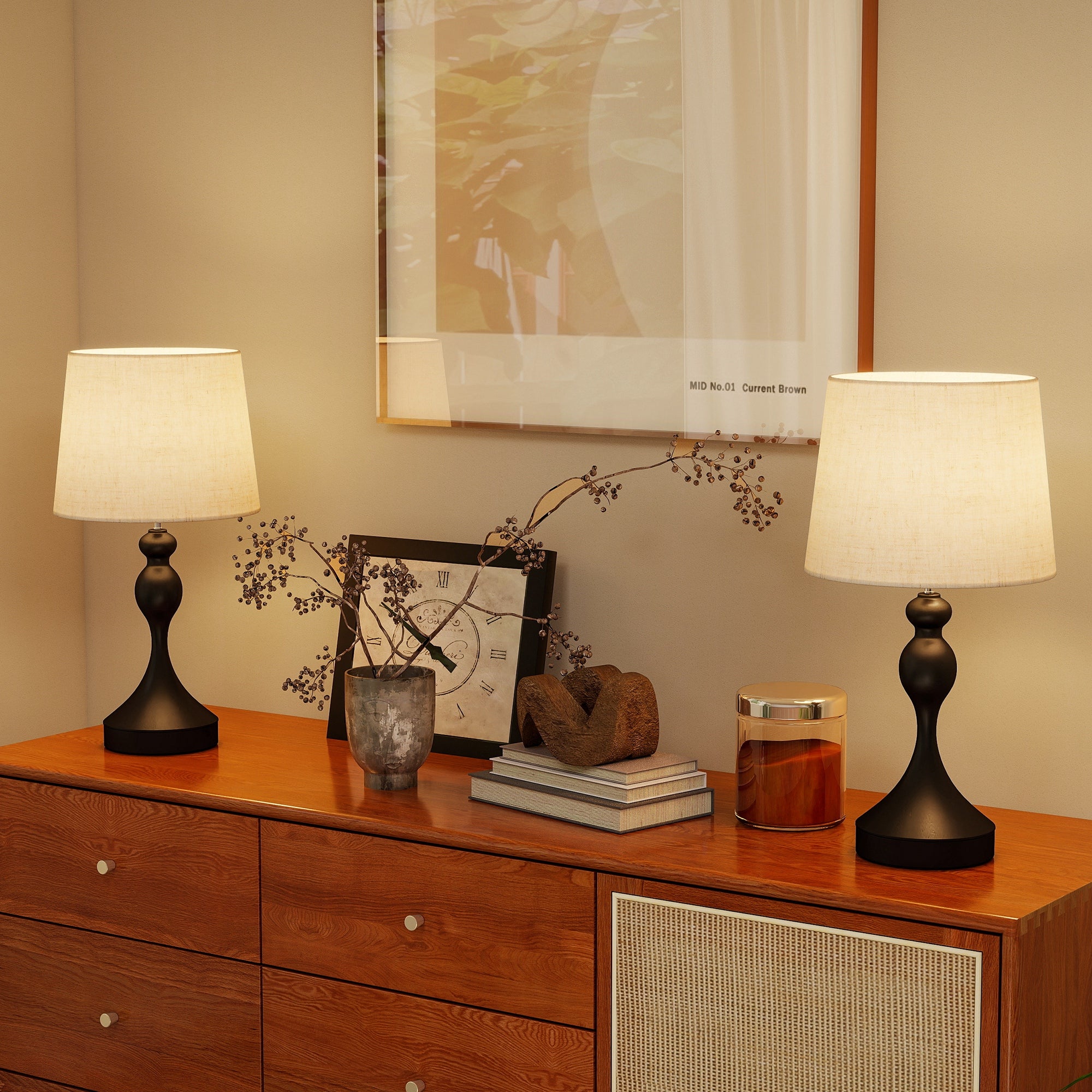 HOMCOM Set of Two Three-Colour Lamps, with USB Ports - Black/Beige 