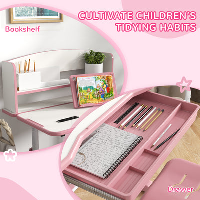 ZONEKIZ Height Adjustable Kids Study Table and Chair Set, with Drawer, Storage Shelf, 80 x 54.5 x 104 cm, Pink 