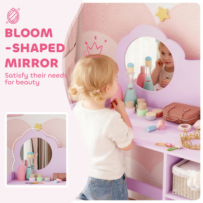 AIYAPLAY Kids Dressing Table with Mirror, Stool, Kids Vanity Table with Shelves, for Ages 3-8 Years, Purple 