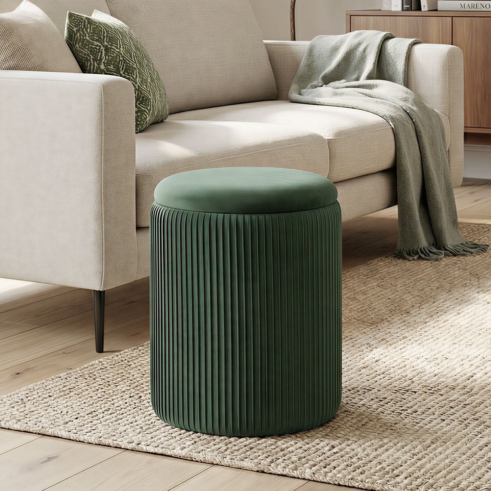 HOMCOM Storage Ottoman Modern Velvet Round Foot Stool for Living Room Bedroom 45 cm Dark Green 