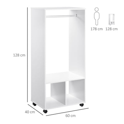 HOMCOM Open Wardrobe on Wheels, Bedroom Wardrobe with Clothes Hanging Rail, 2 Storage Shelves, Mobile Garment Rack for Cloakroom, Hallway, White 