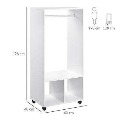 HOMCOM Open Wardrobe on Wheels, Bedroom Wardrobe with Clothes Hanging Rail, 2 Storage Shelves, Mobile Garment Rack for Cloakroom, Hallway, White 