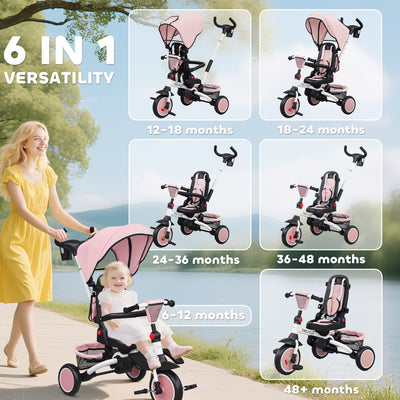 AIYAPLAY 6 in 1 Foldable Kids Trike with Adjustable Parent Handle & Canopy for Ages 1-5, Pink 