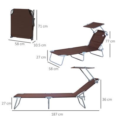 Outsunny 2 Pieces Outdoor Foldable Sun Lounger, 4 Level Adjustable Backrest Reclining Sun Lounger Chair with Angle Adjust Sun Shade Awning for Beach, Garden, Patio, Brown 