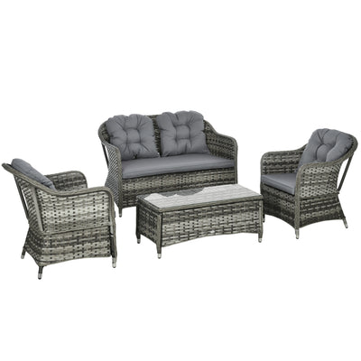 Outsunny Four-Piece Rattan Sofa Set, with Glass-Top Table - Mixed Grey 