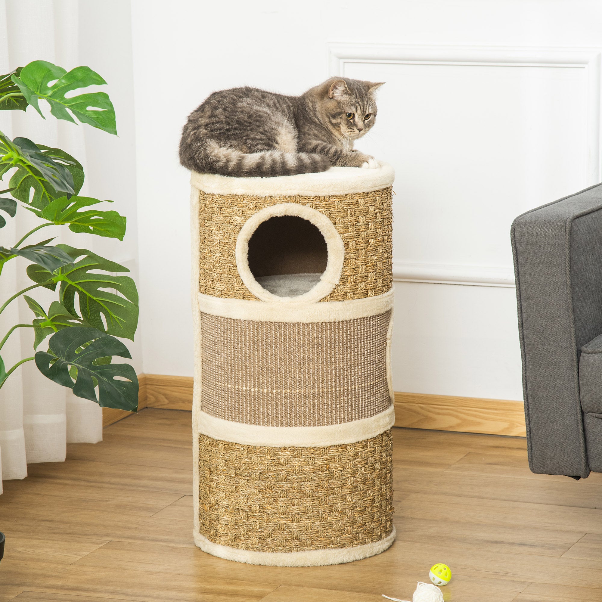 PawHut Cat Scratching Barrel Kitten Tree Tower for Indoor Cats Pet Furniture Climbing Frame Covered with Sisal and Seaweed Rope Cozy Platform Soft Plush 
