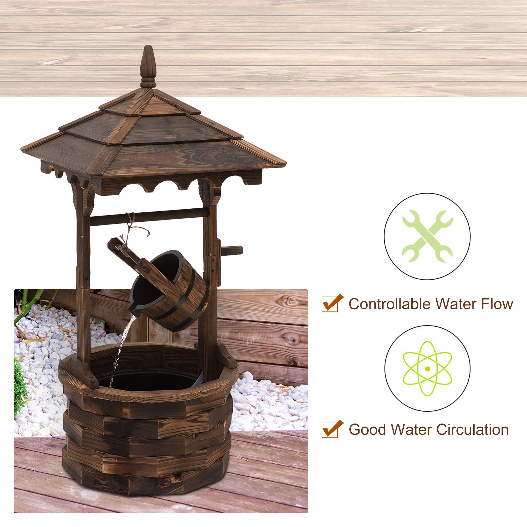 Outsunny Wooden Garden Wishing Well Fountain Barrel Waterfall Rustic Wood with Pump Garden Décor Ornament 