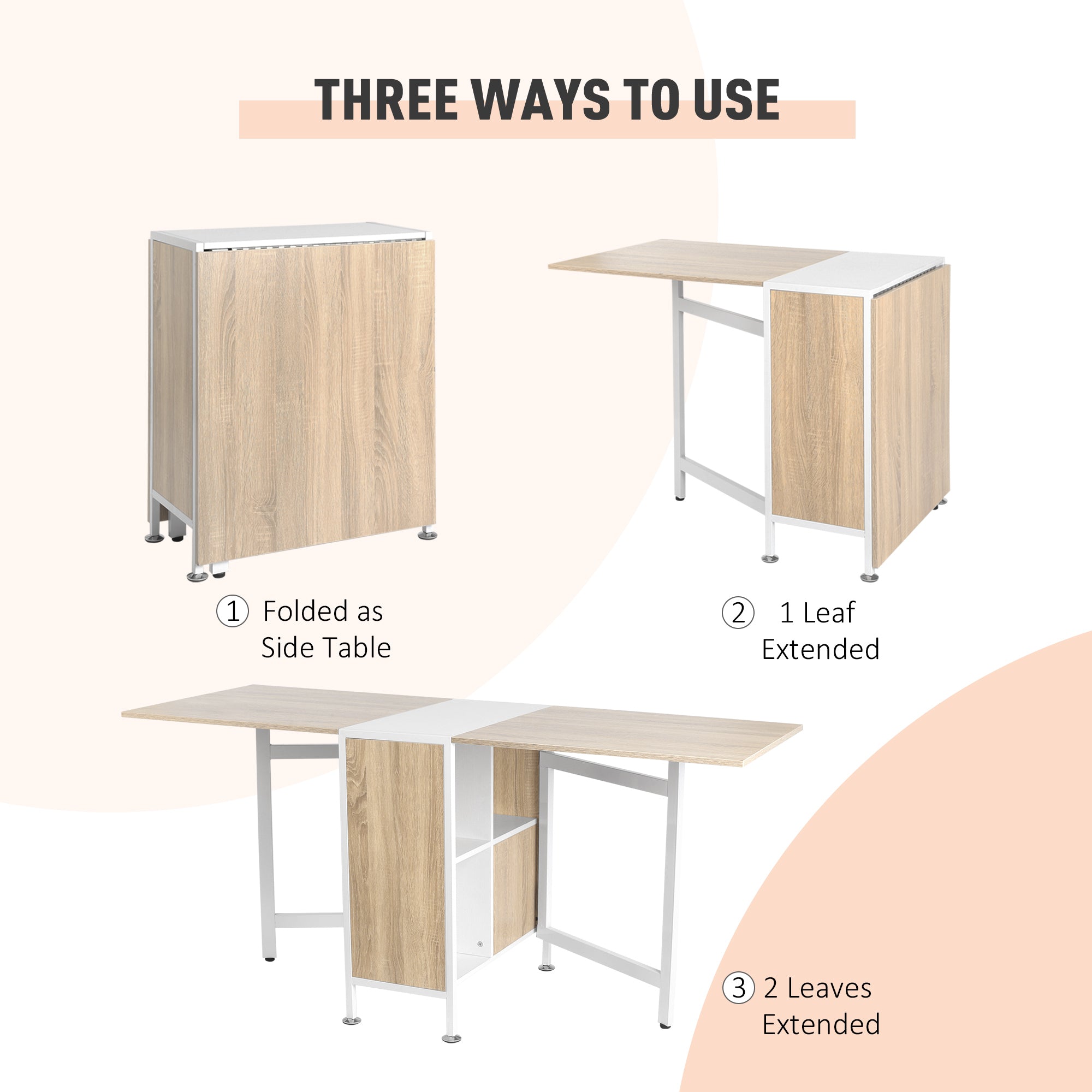 HOMCOM Foldable Drop Leaf Dining Table Folding Workstation for Small Space with Storage Shelves Cubes Oak & White 