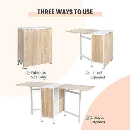HOMCOM Foldable Drop Leaf Dining Table Folding Workstation for Small Space with Storage Shelves Cubes Oak & White 
