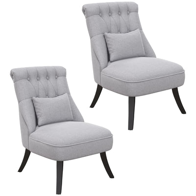 HOMCOM Fabric Single Sofa, Tub Chair, Upholstered Bedroom Chair with Pillow, Solid Wood Leg for Home, Living Room, Dining Room, Set of 2, Grey 