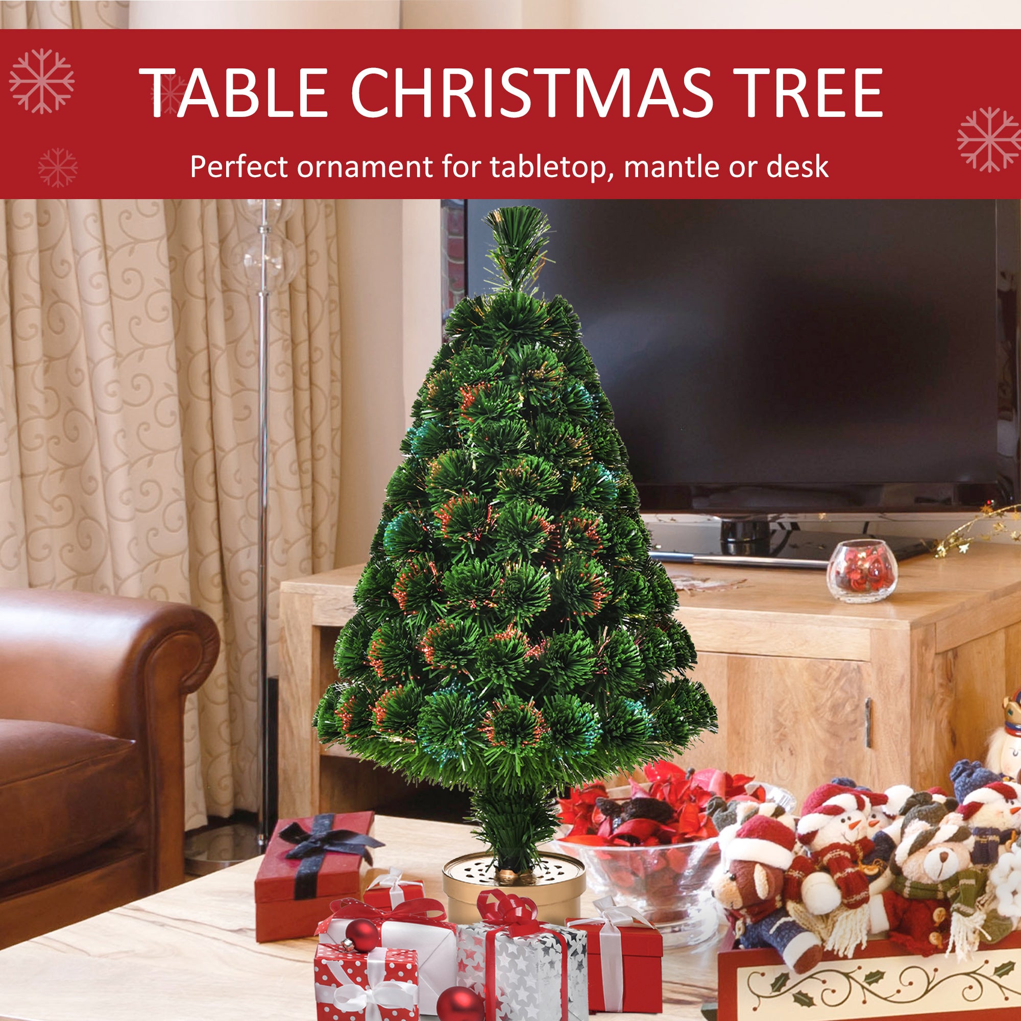 HOMCOM 3FT Prelit Artificial Christmas Tree Fiber Optic LED Light Holiday Home Xmas Decoration Table Decor with Multi-Color Lights, Green 