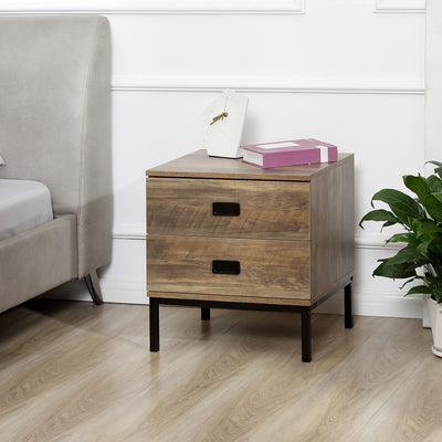HOMCOM Retro Bedside Table, End Side Table with 2 Drawers, Metal Frame for Bedroom, Living Room, Coffee 