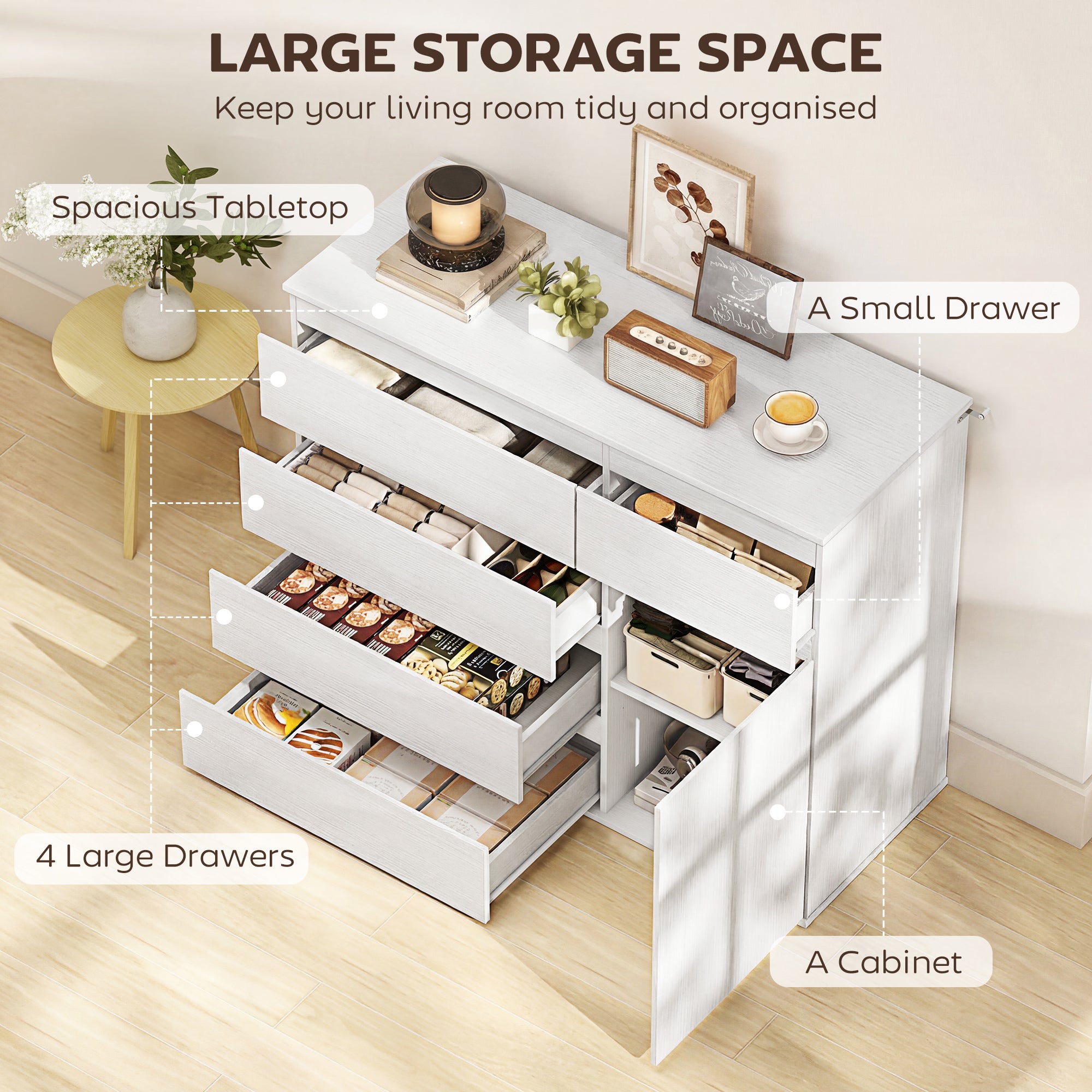 HOMCOM Modern Chest Of Drawers, 5 Drawer Dresser with Adjustable Shelf, Soft-Close Door, White 
