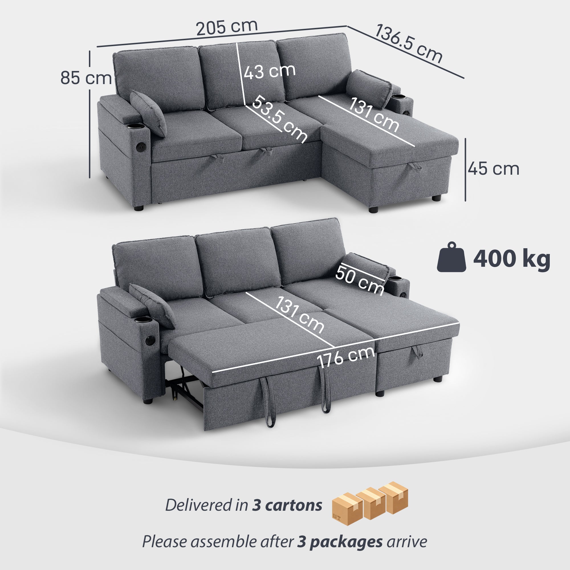HOMCOM Corner Sofa Bed, L Shaped Sleeper Sectional Sofa with Reversible Storage Chaise, Grey 