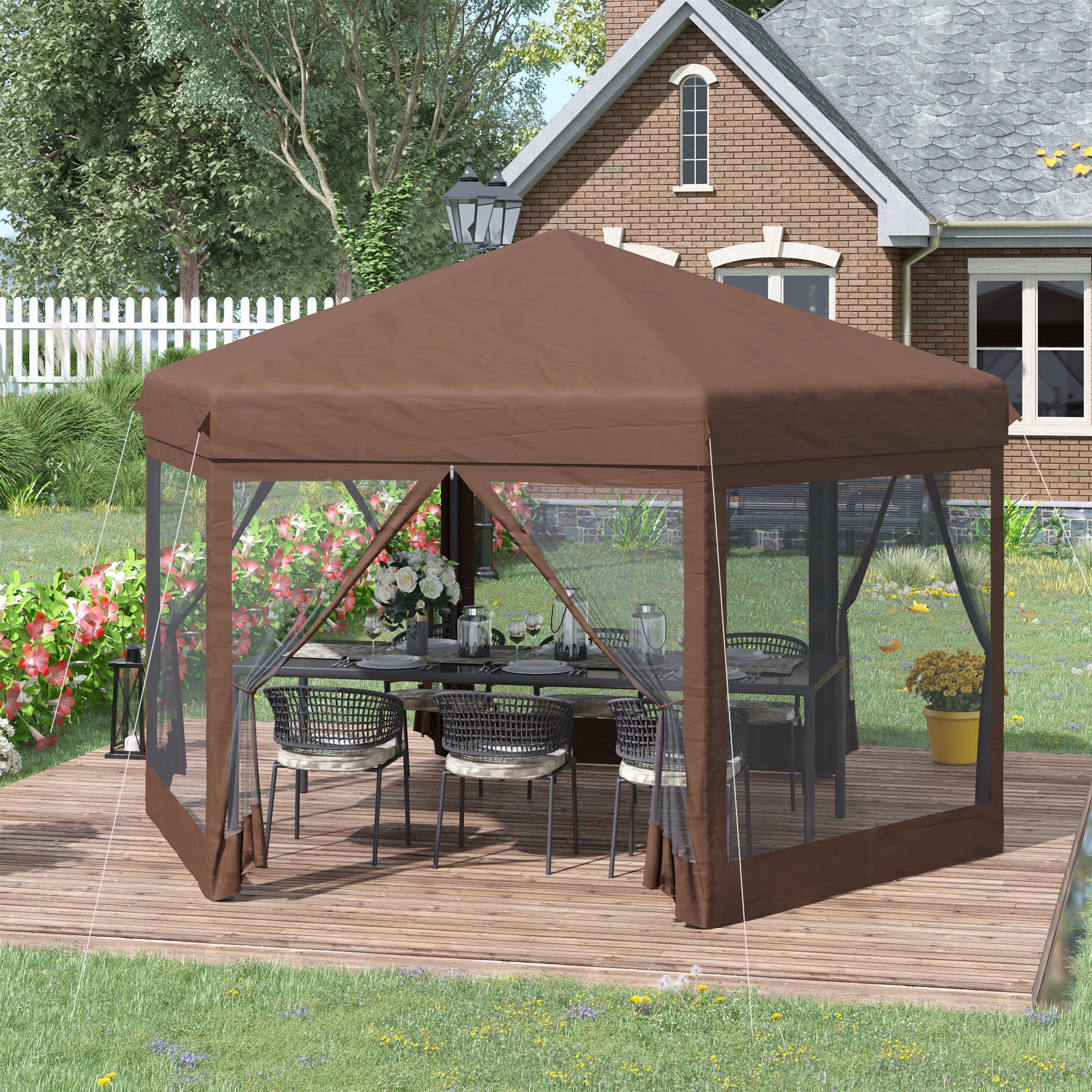 Outsunny 3.5m x 4m Hexagonal Pop Up Gazebo, Canopy Tent Sun Shelter for Patio Outdoor Party, Height Adjustable, with Mosquito Netting and Carry Bag - Brown 