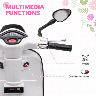 AIYAPLAY 12V Vespa Licensed Kids Electric Motorbike w/ Music, Headlights, FM Radio, for 3-6 Years - White 