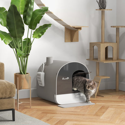 PawHut Hooded Cat Litter Box, Kitten Litter Tray, with Lid, Scoop, Filter, Flap Door, Light Grey 