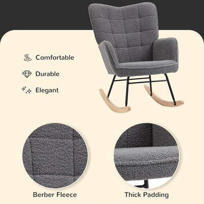 HOMCOM Berber Fleece Nursery Glider Rocker for Nursing, Wingback Rocking Chair for Living Room, Dark Grey 