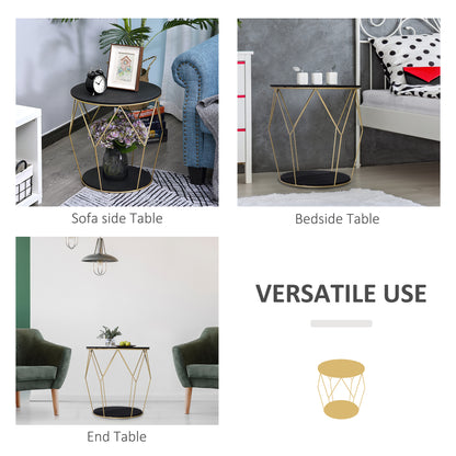 HOMCOM Round Coffee Table with Storage, Modern Sofa Side Table with Metal Frame, End Table for Bedroom, Living Room, Black and Gold, 45 x 45 x 48 cm