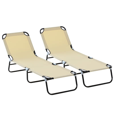Outsunny 2 Piece Foldable Sun Loungers with 5-Position Adjustable Backrest, Outdoor Portable Recliner Chaise Lounge Chairs with Breathable Mesh Fabric, Beige 