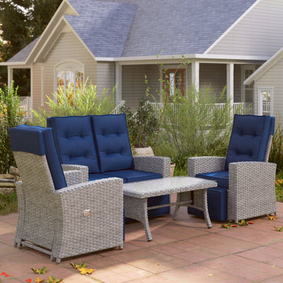 Outsunny 4 Piece Rattan Garden Furniture Set Outdoor Sofa Sectional Set with Glass Top Table for Poolside, Navy Blue 